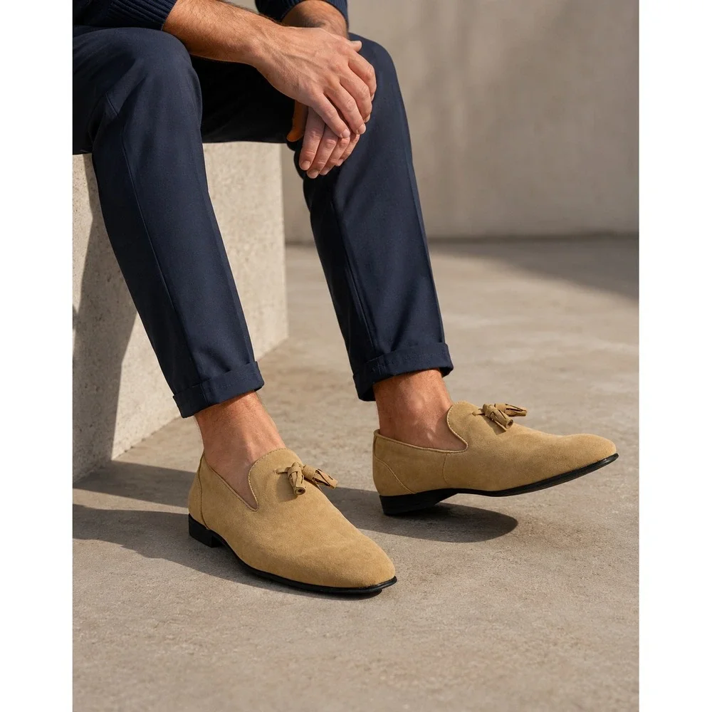 Asos Design Tan Suede Tassel Loafers Mens 10.5 Almond Toe Slip On Dress Shoes